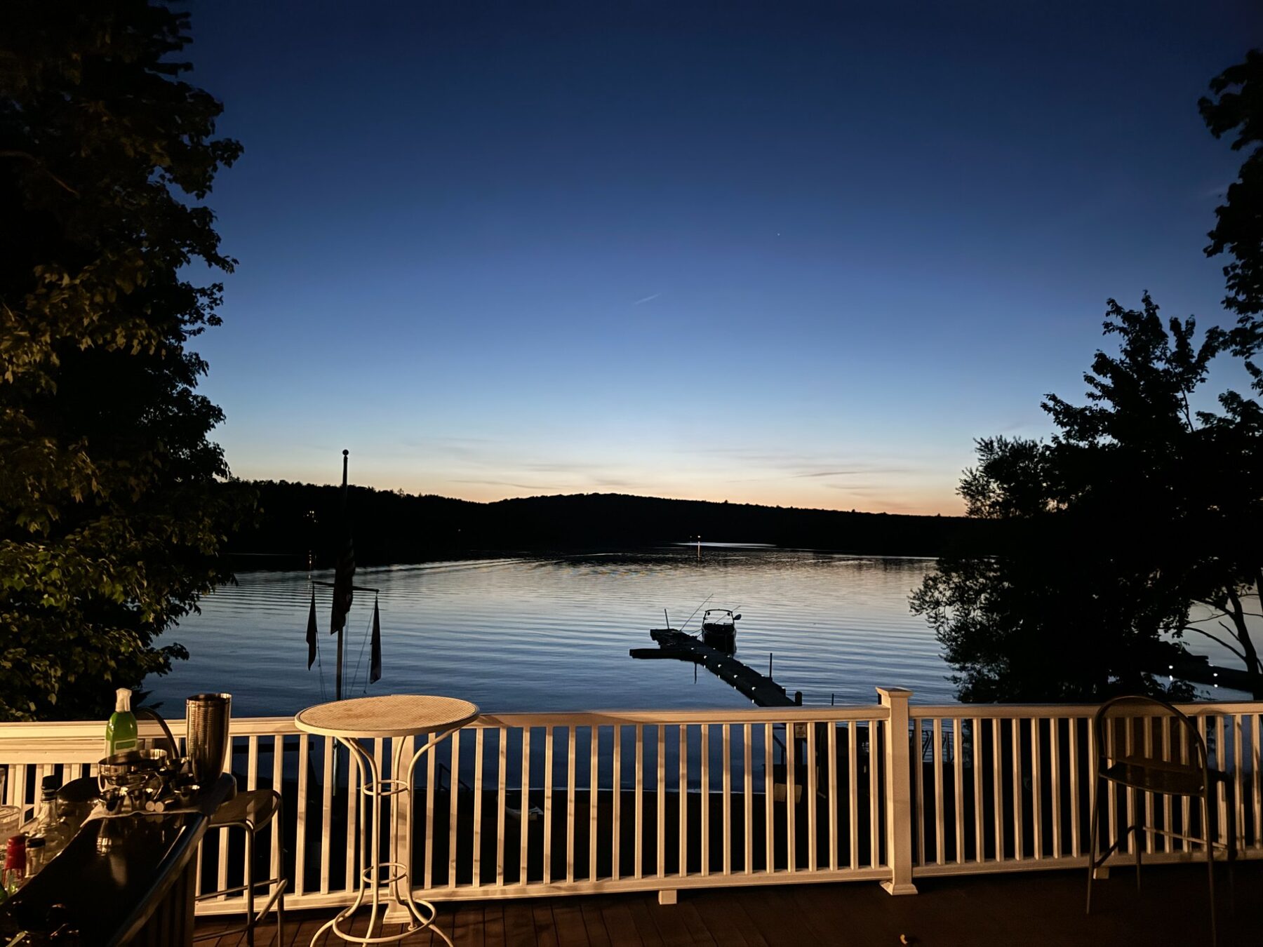 Deck view at blue hour overlooking the lake
