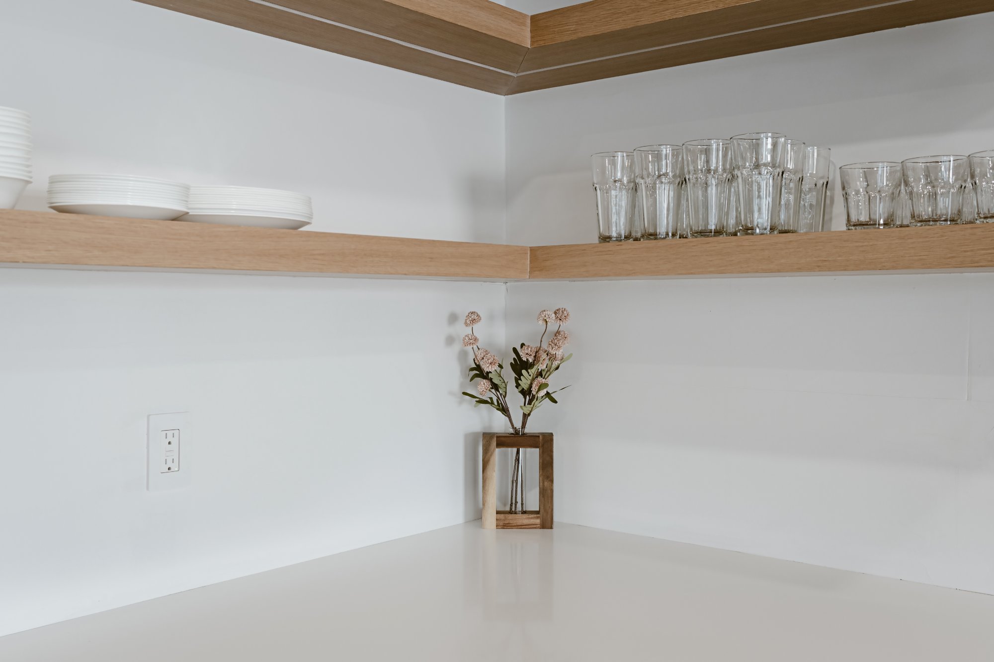 Kitchen countertops and open shelving